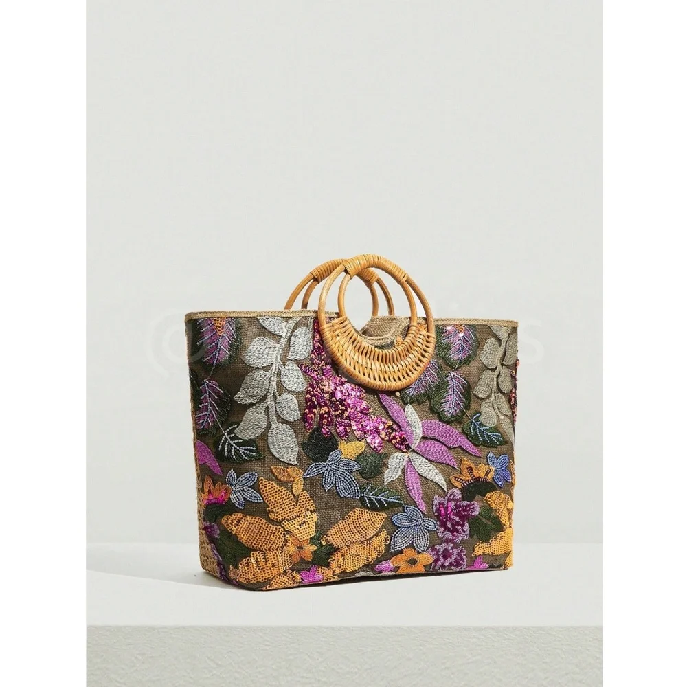 Sequined Floral Decorated Straw Tote Bag Bamboo Handle